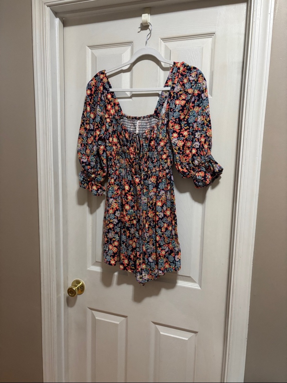 Free People Navy Floral Smocked Romper with Coral & Teal Accents